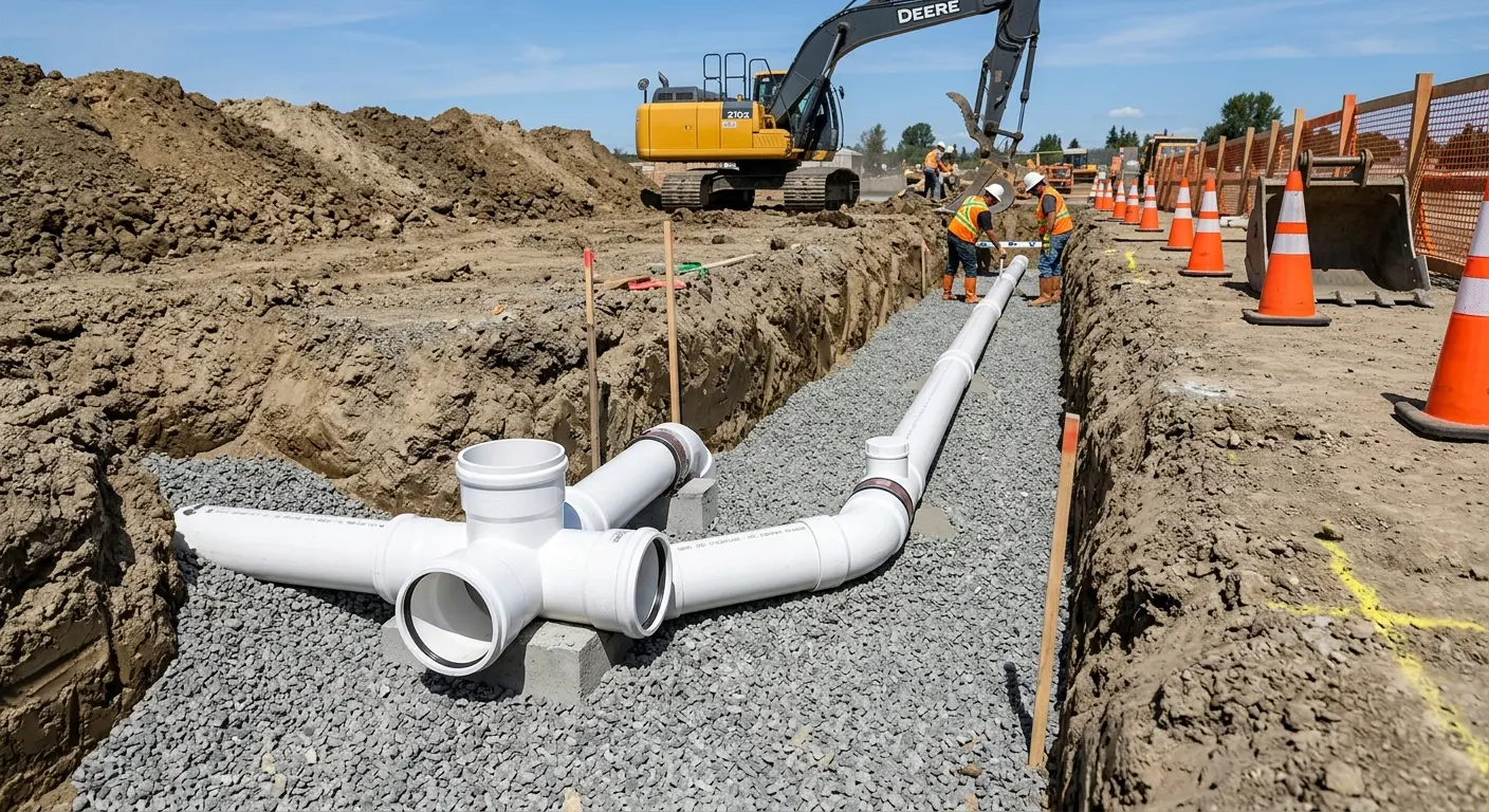 New PVC sewer pipe installation in open trench for Commercial Drain Cleaning in West Cocalico