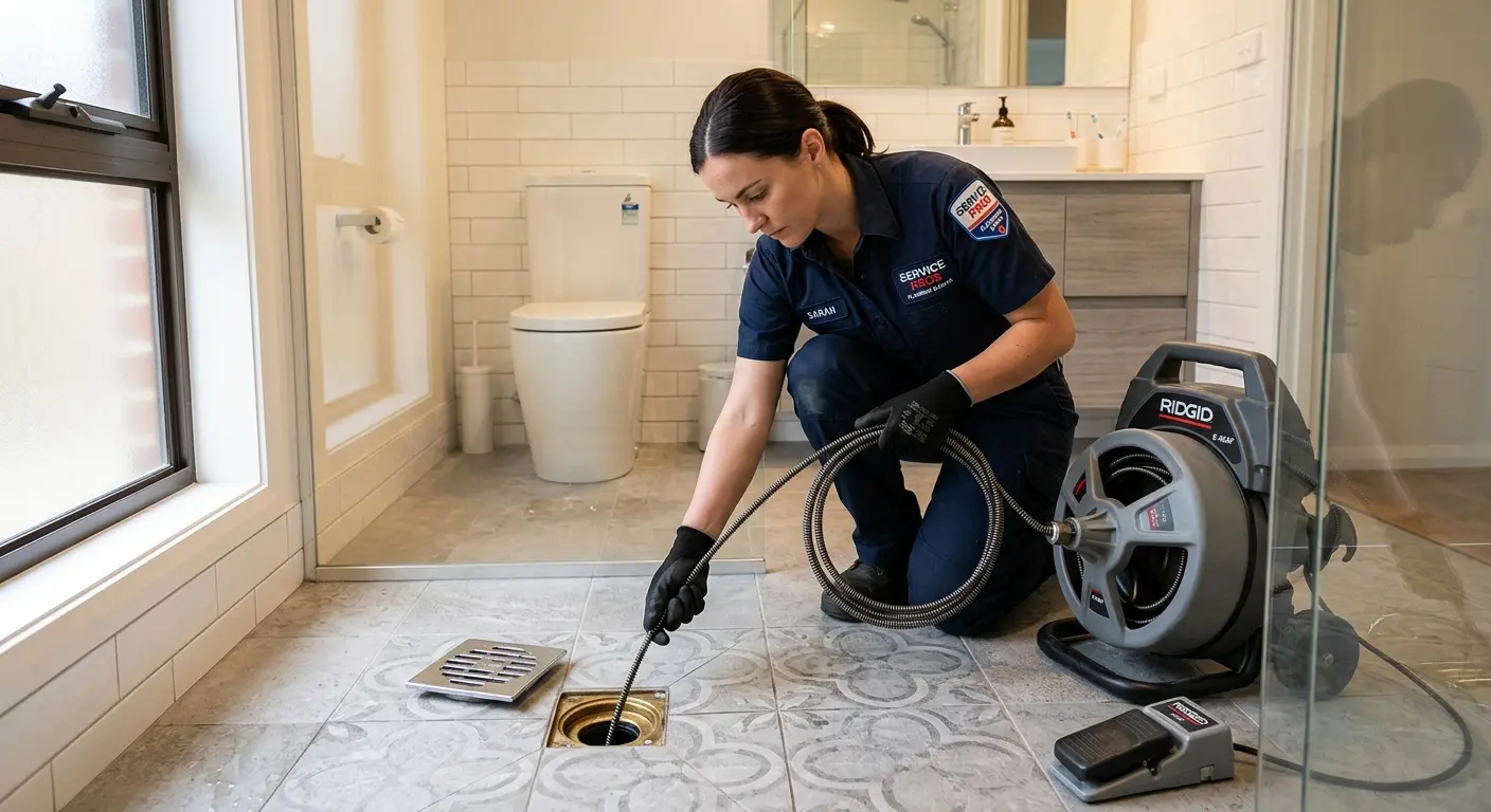 Technician clearing a bathroom floor drain for Drain Repair in West Cocalico